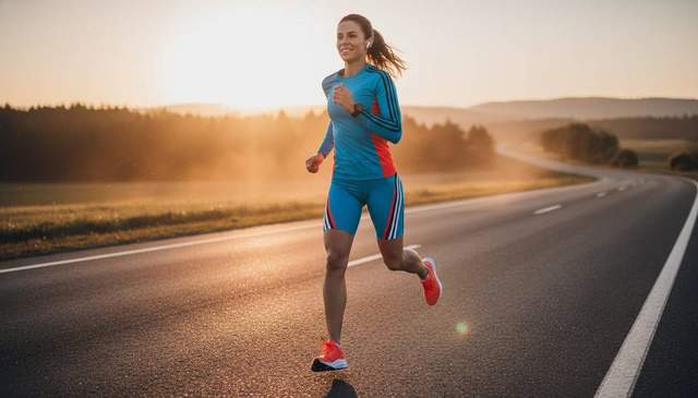 Runner mid-stride on a road at golden hour
